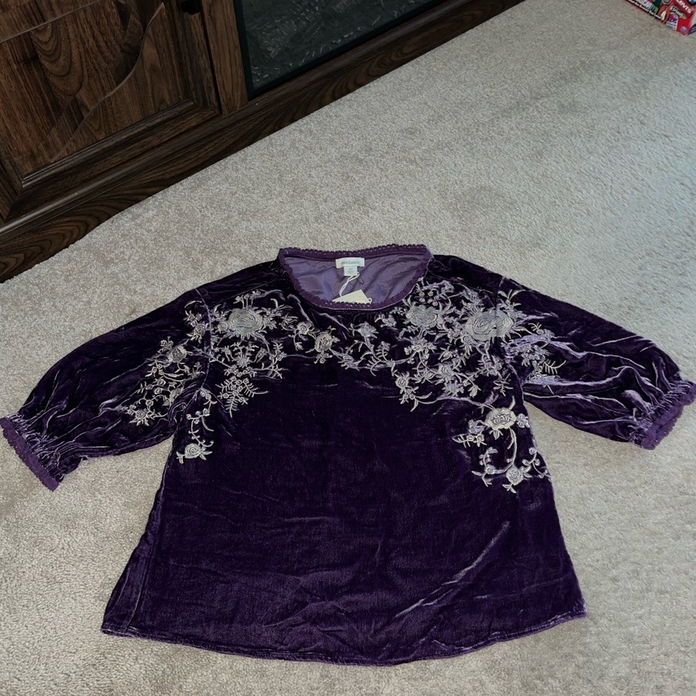 Sundance Purple Velvet Top with Floral Embroidery